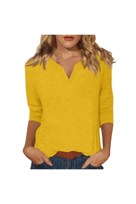 Womens V Neck 3/4 Sleeve T Shirts Casual Basic Tee Tops Loose Plain Blouses Pullover for Women