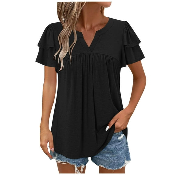 fatyb Womens V Neck Casual Shirts Ruffle Short Sleeve Pleated Blouses Dressy Loose Summer Tunic Tops