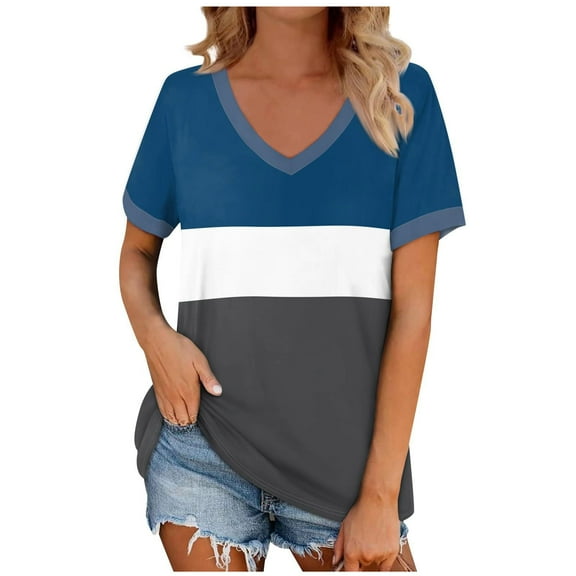 fatyb Womens V Neck Short Sleeve T-Shirts Color Block Loose Tee Casual Tops Summer Blouses for Women