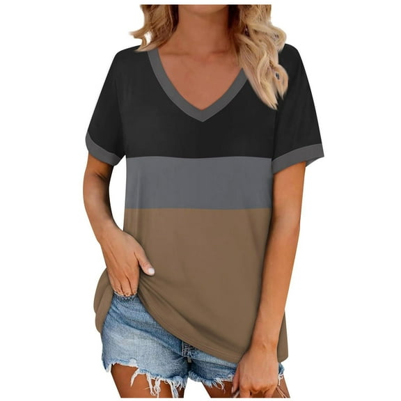 fatyb Womens V Neck Short Sleeve T-Shirts Color Block Loose Tee Casual Tops Summer Blouses for Women