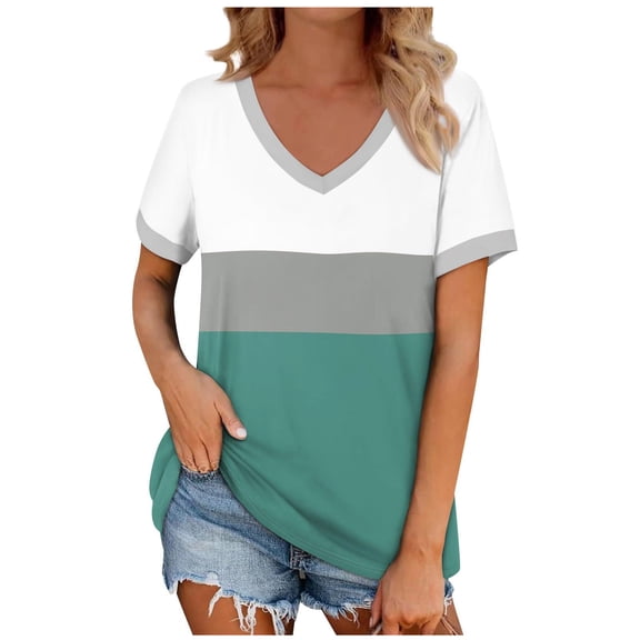 fatyb Womens V Neck Short Sleeve T-Shirts Color Block Loose Tee Casual Tops Summer Blouses for Women