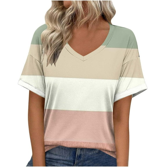 fatyb Womens V Neck Shorts Sleeve Shirts Casual Loose Tops Gradient Color Fashion T Shirts for Women