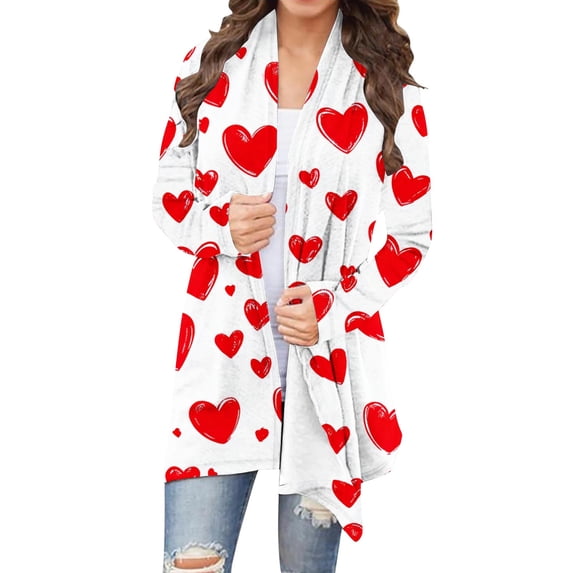 fatyb Womens Valentine Cute Cardigan Heart Print Long Sleeve Open Front Outerwear Lightweight for Women