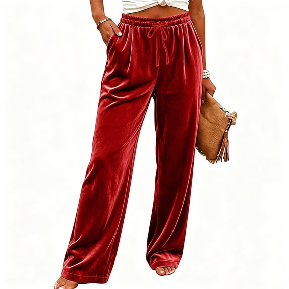 fatyb Womens Velour Pants Wide Leg Drawstring Velvet Trousers Dressy Business Work Pants with Pockets