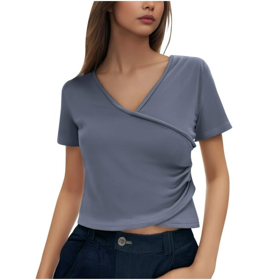 fatyb Womens Wrap V Neck T Shirts Short Sleeve Slim Crop Tops Plain Tee Casual Summer Going out Tops