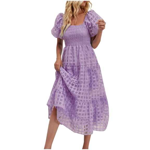 fatyb Womens off Shoulder Dress Puff Short Sleeve Square Neck Flowy Dresses Trendy A-Line Midi Dresses