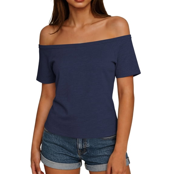 fatyb Womens off the Shoulder Tops Casual Short Sleeve Tee Shirts Summer Elegant Tshirts for Going Out