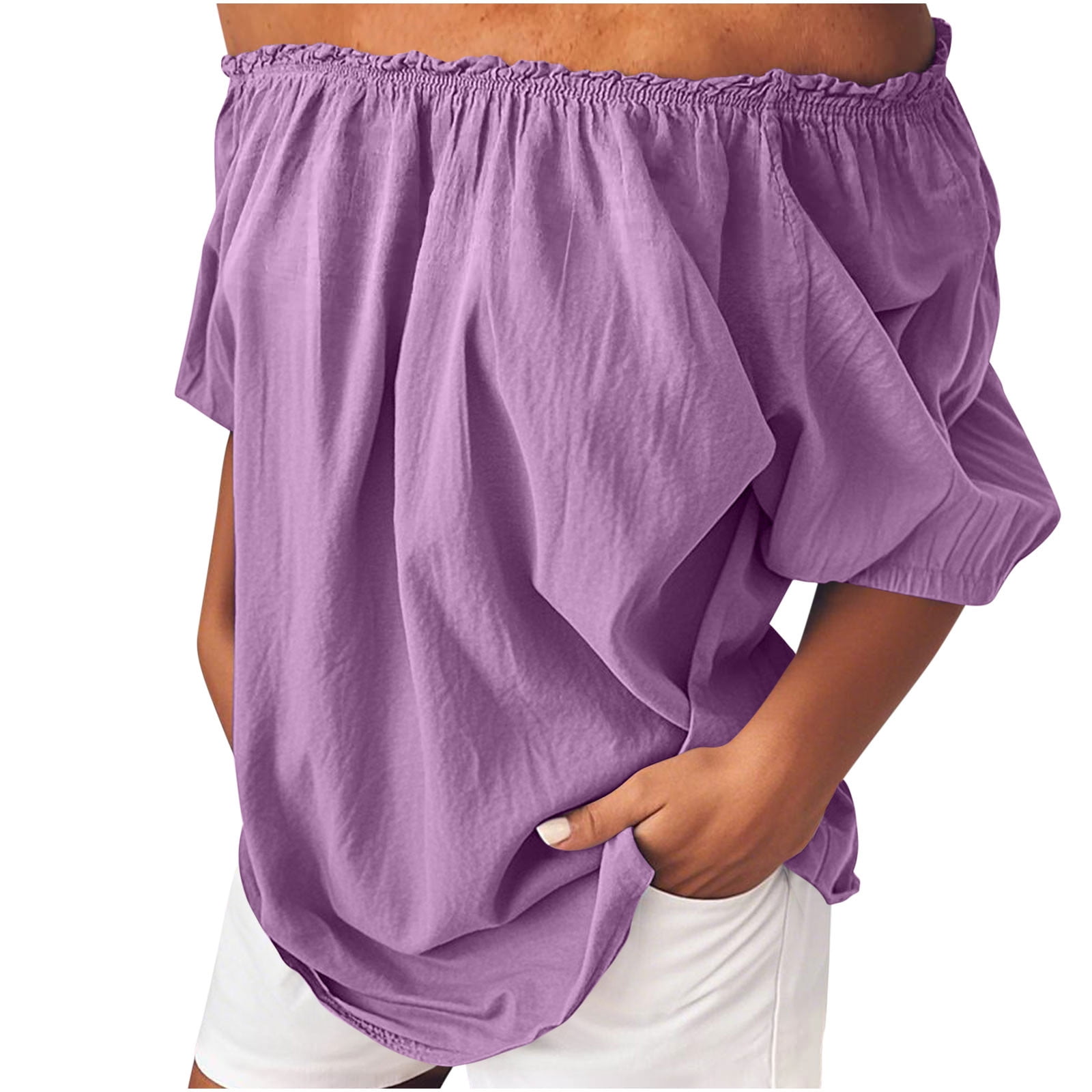 fatyb Womens off the Shoulder Tops Short Sleeve Casual Blouses ...