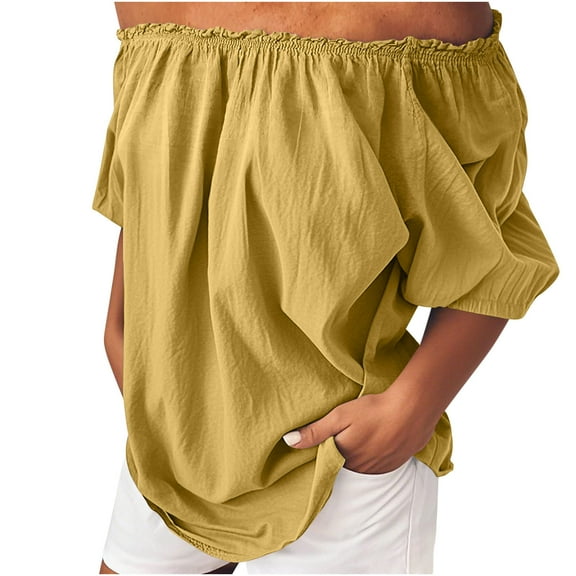 fatyb Womens off the Shoulder Tops Short Sleeve Casual Blouses Lightweight Plain Beach Vacation Shirts