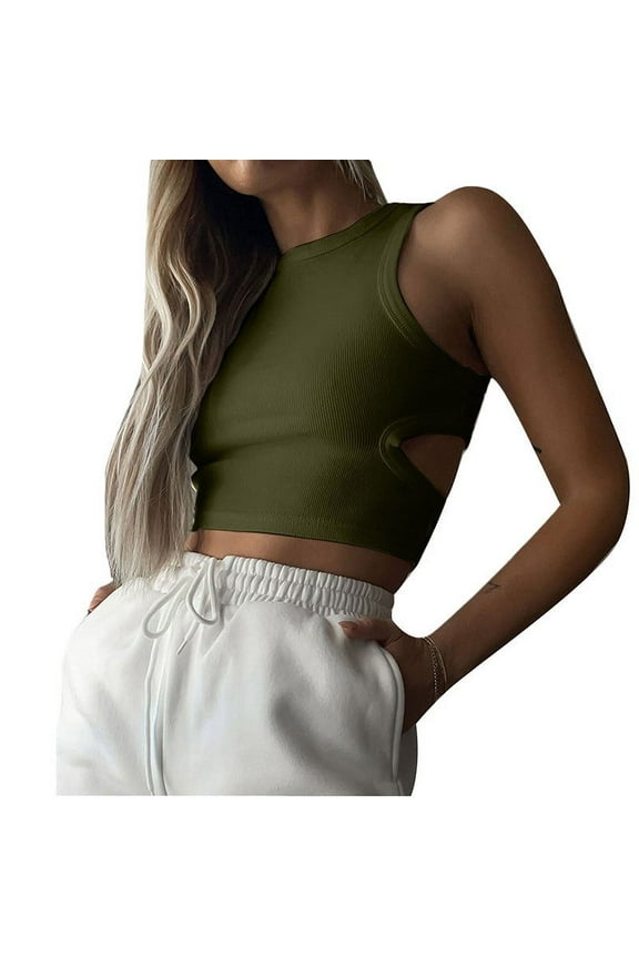 Workout Tank Top for Women Crew Neck Ribbed Tank Tees Backless Tight Sleeveless Basic Shirts
