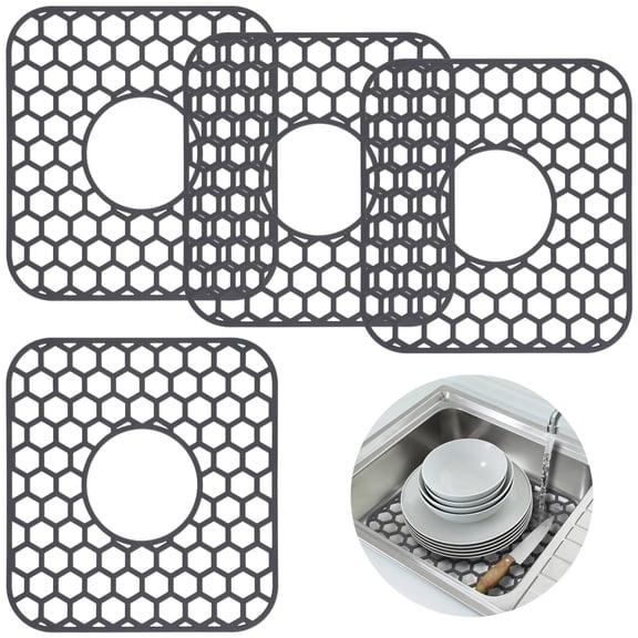 4 Pcs Silicone Sink Protectors, 12.4” x 11.5” Honeycomb Kitchen Sink Mat with Center Drain, Non-Slip Heat-Resistant Sink Grid for Bottom of Porcelain & Stainless Steel Sink