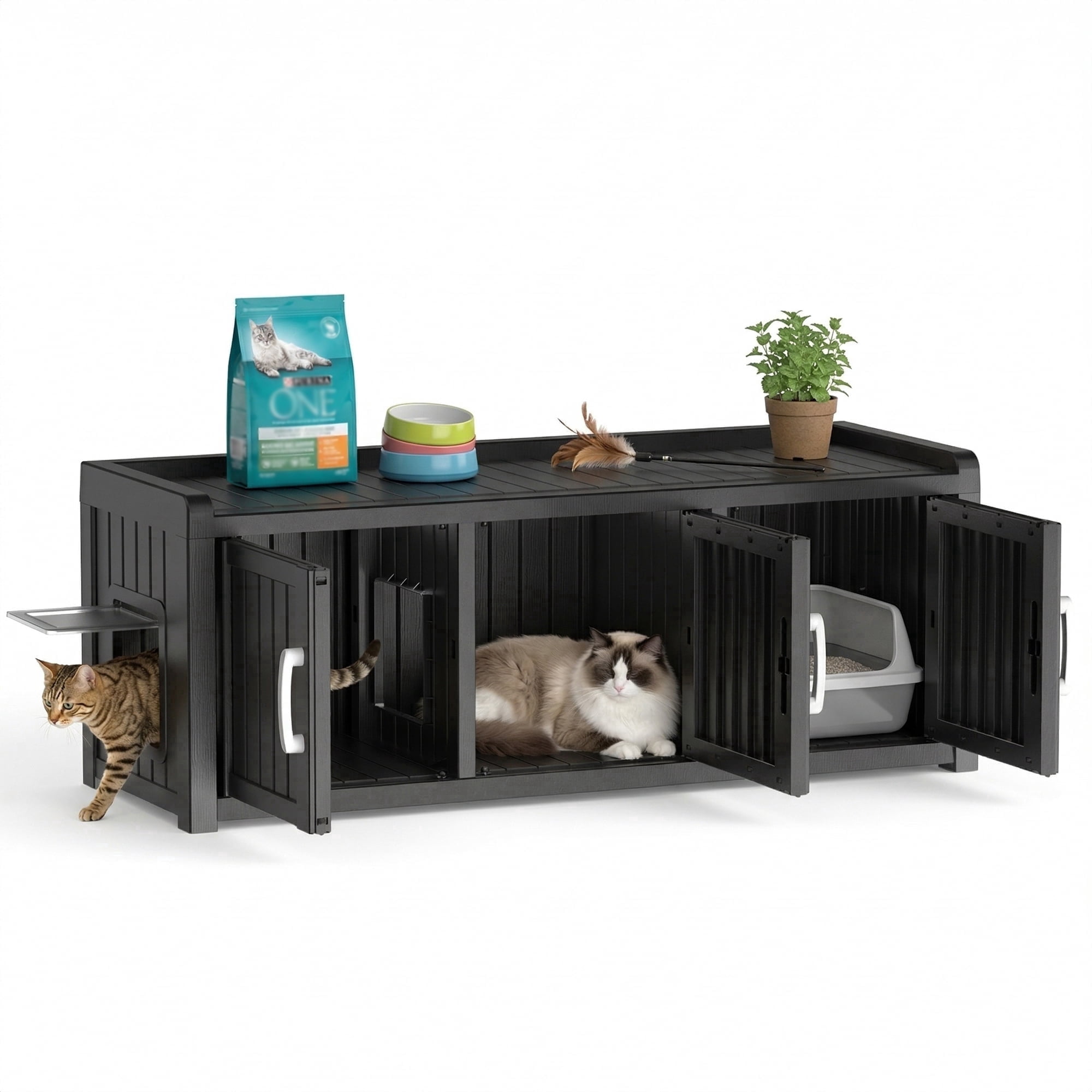 fazzn 2-in-1 Outdoor Cat House & Storage Cabinet, Weatherproof Litter Box Enclosure with Cat Door, Durable Resin Pet Shelter for Indoor, Easy Assembly.(Black),Father's Day Gift