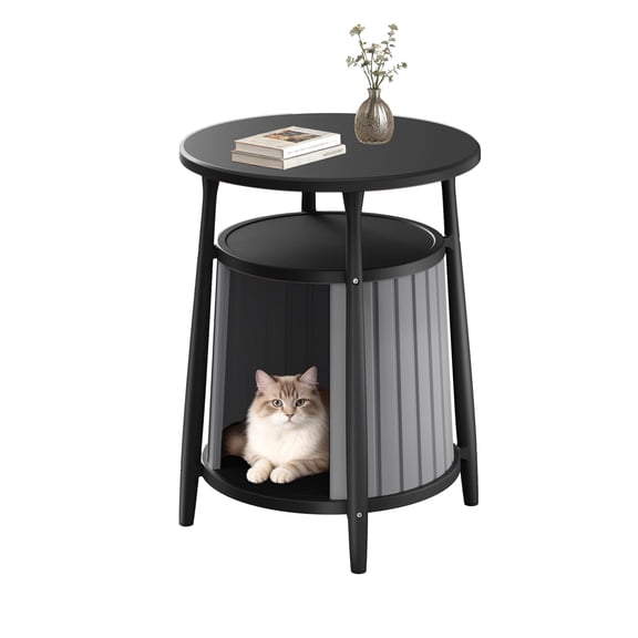 fazzn 2-in-1 Round Cat House End Table, Modern Hidden Cat Litter Box Enclosure Furniture, Weatherproof Resin Patio Side Table with Stylish Pet House for Indoor & Outdoor Use.Independence Day
