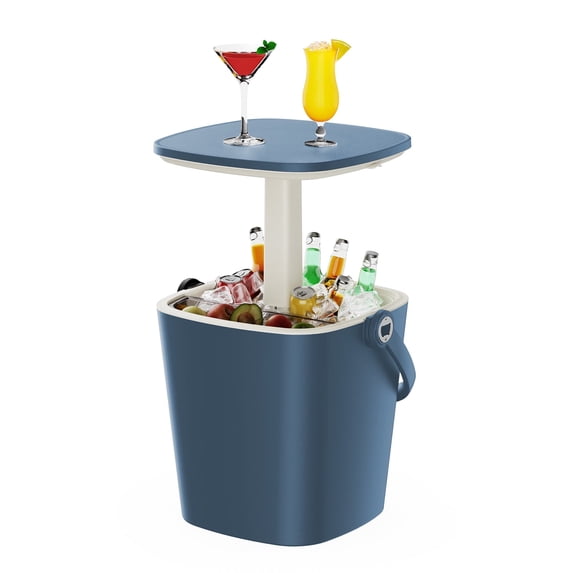 Fazzn 3-in-1 Resin Ice Bucket & Beverage Cooler – Wood Look Patio Table with UV Protection and Drain Plug for Outdoor Parties, Bars, and Poolside Use – Black/Blue