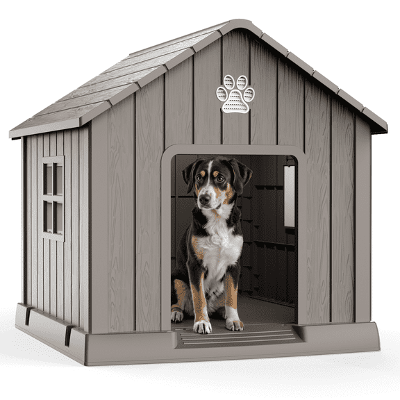 fazzn Durable Waterproof Resin Dog House for Small to Large Sized Dogs, Indoor Outdoor Doghouse Puppy Shelter with Elevated Floor, Easy to Assemble .Blue/Brown.Father's Day Gift
