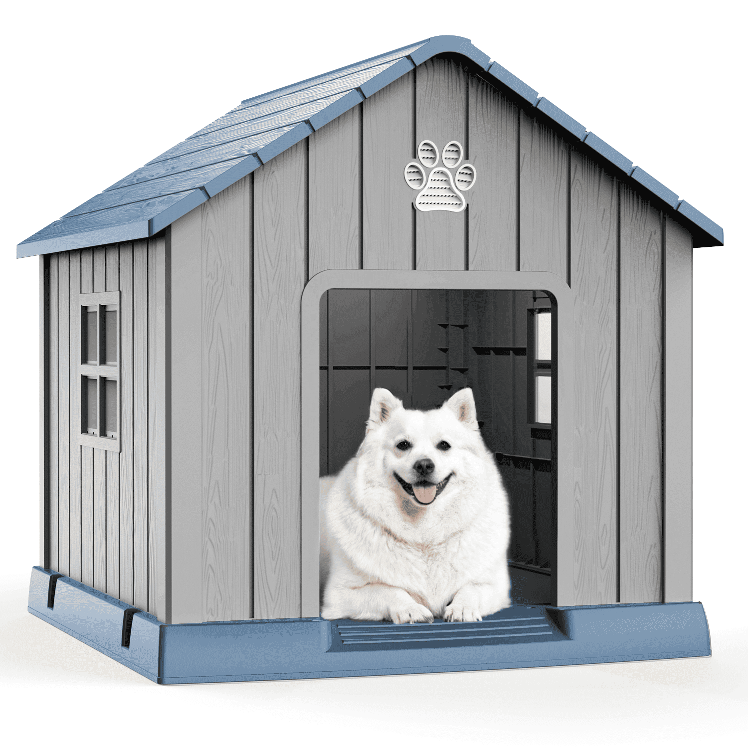 fazzn Durable Waterproof Resin Dog House for Small to Large Sized Dogs, Indoor Outdoor Doghouse Puppy Shelter with Elevated Floor, Easy to Assemble .Blue/Brown