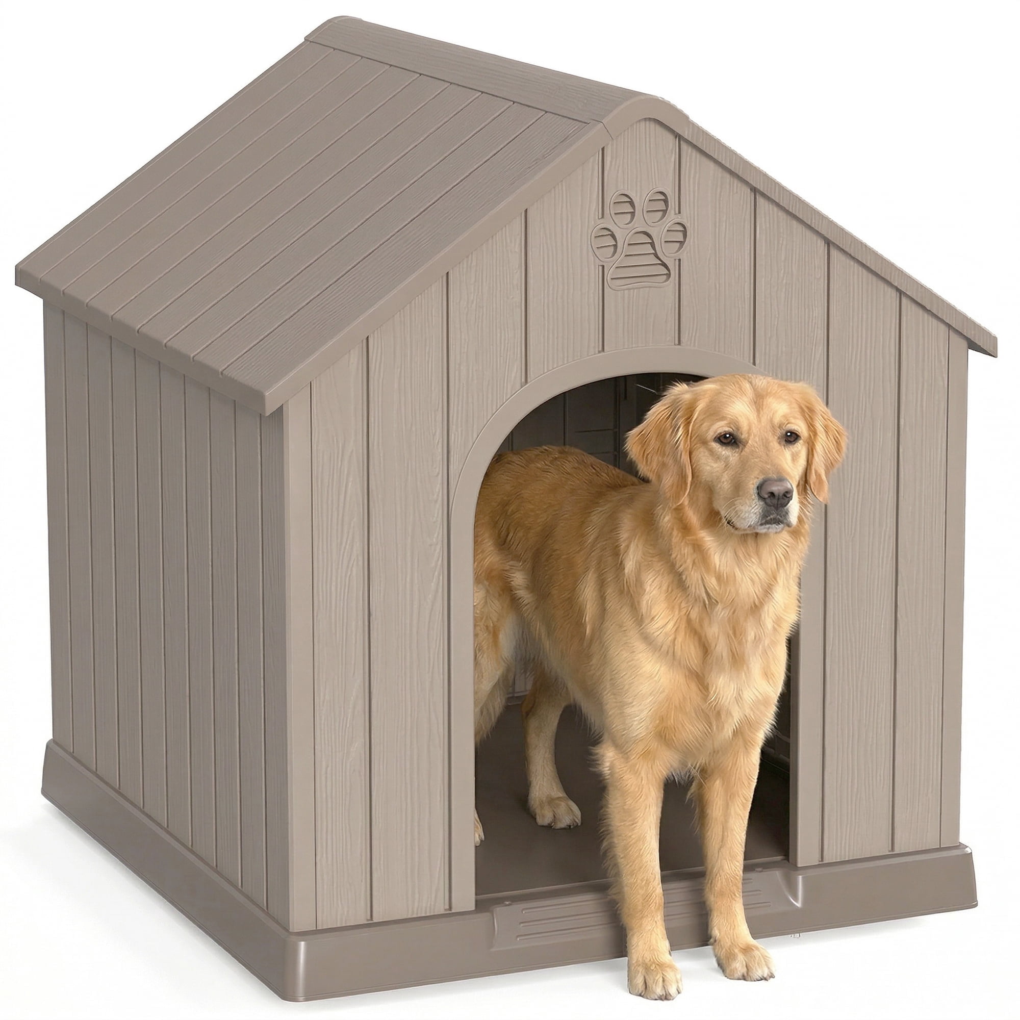 fazzn Durable Waterproof Resin Dog House for Small to Large Sized Dogs, Indoor Outdoor Doghouse Puppy Shelter with Elevated Floor, Easy to Assemble .Blue/Brown