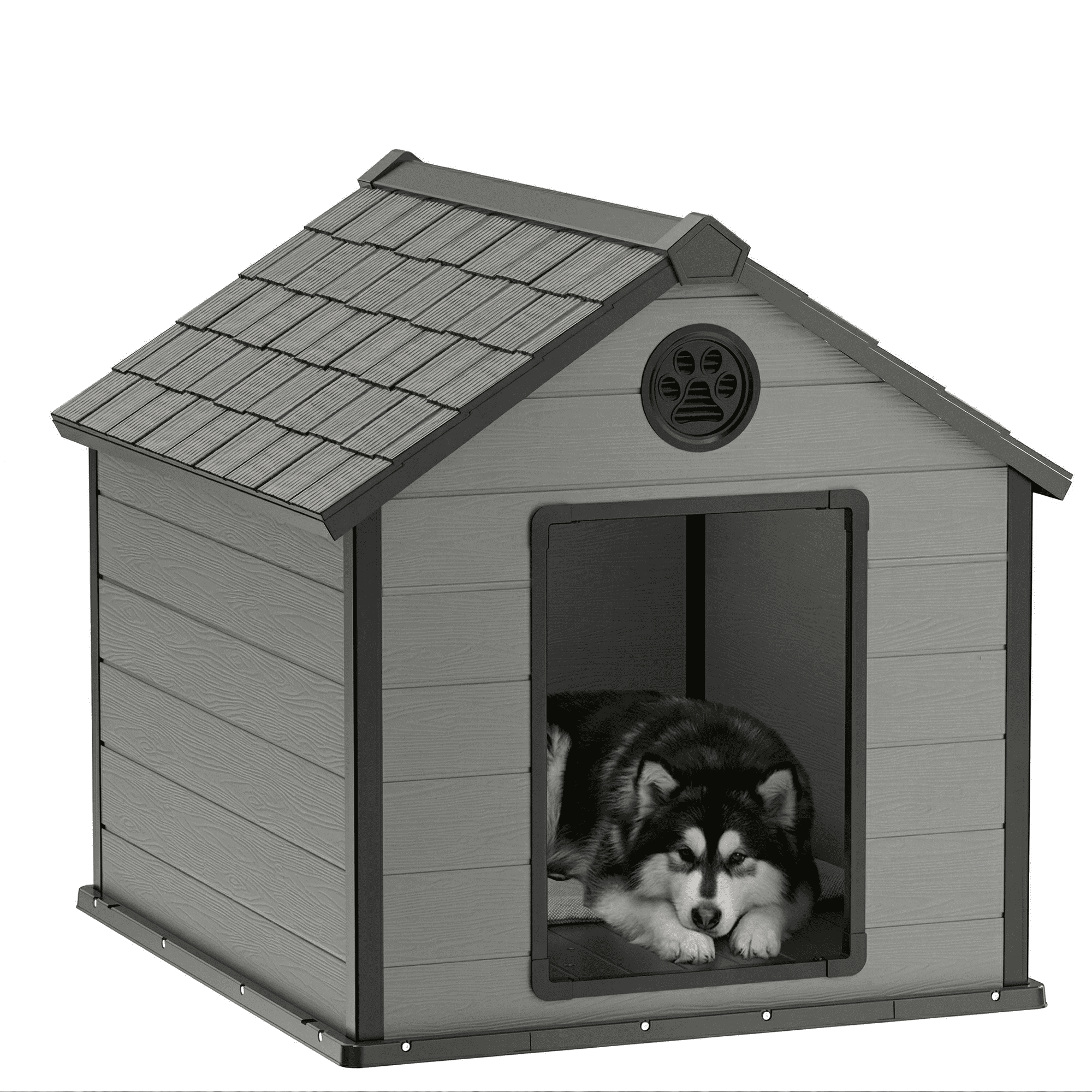 fazzn Large Dog House Outdoor, Insulated Waterproof Resin Dog Kennel with Elevated Floor, All-Weather Dog Shelter for Medium Large Dogs, Easy Assembly.Black-gray,Father's Day Gift