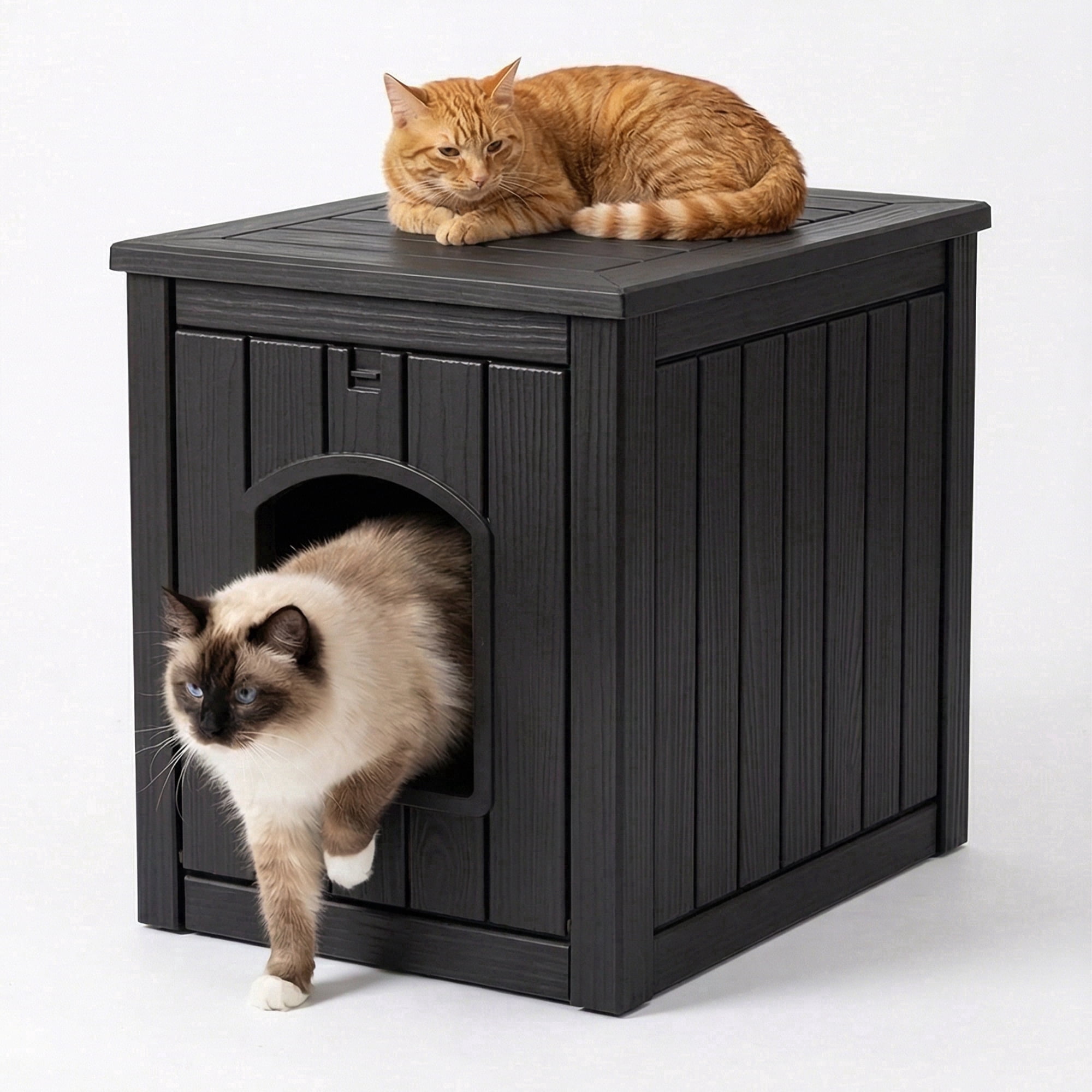 fazzn Multifunctional Cat House with Door, Indoor Outdoor Decorative Cat Shelter, Dual Use Pet House for Cat & Small Dog, Easy to Clean & Assembly.Brown/Black