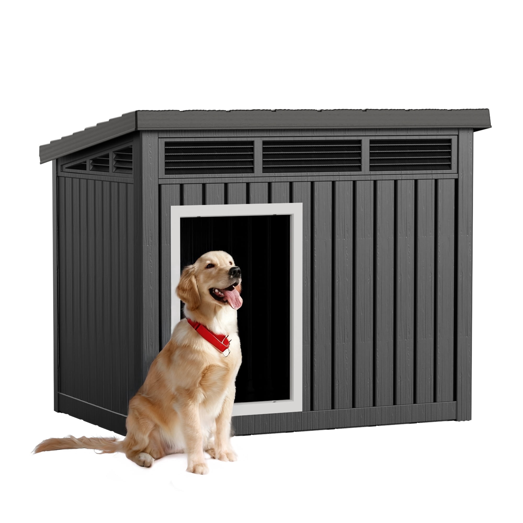 fazzn Nature Classic Dog House - Wooden Outdoor Shelter with Windproof and Rainproof Sealing and Ventilation, Suitable for Medium to Large Dogs - Black/Grey,Father's Day Gift