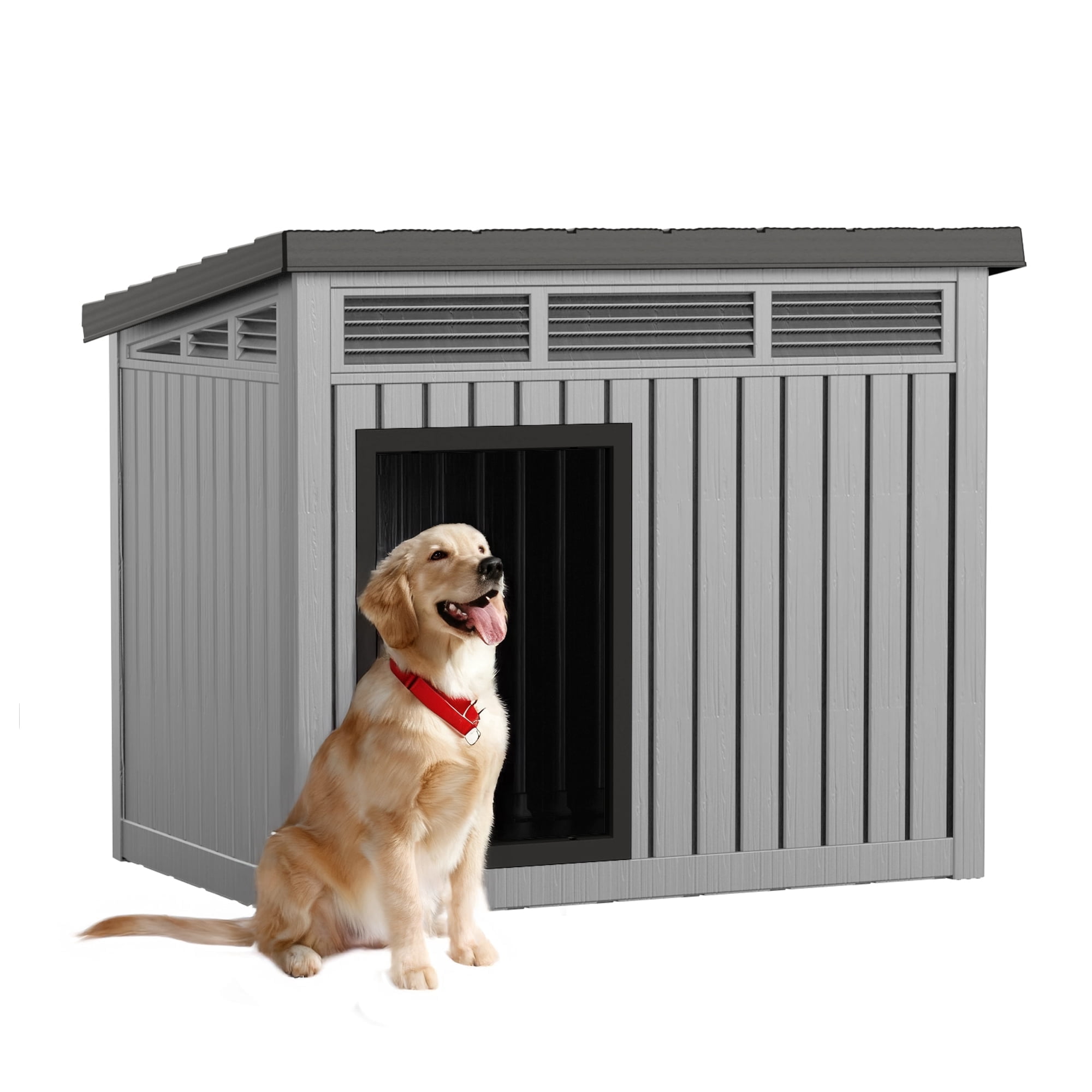 fazzn Nature Classic Dog House - Wooden Outdoor Shelter with Windproof and Rainproof Sealing and Ventilation, Suitable for Medium to Large Dogs - Black/Grey