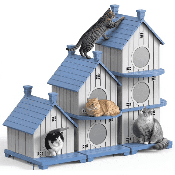 Fazzn Outdoor Cat House with Porch: Weatherproof Insulated Shelter for Cats, Kittens, and Puppies, Including Feral Cats. Features Multiple Entrances, an Elevated Base, and Easy Assembly.Blue/Brown