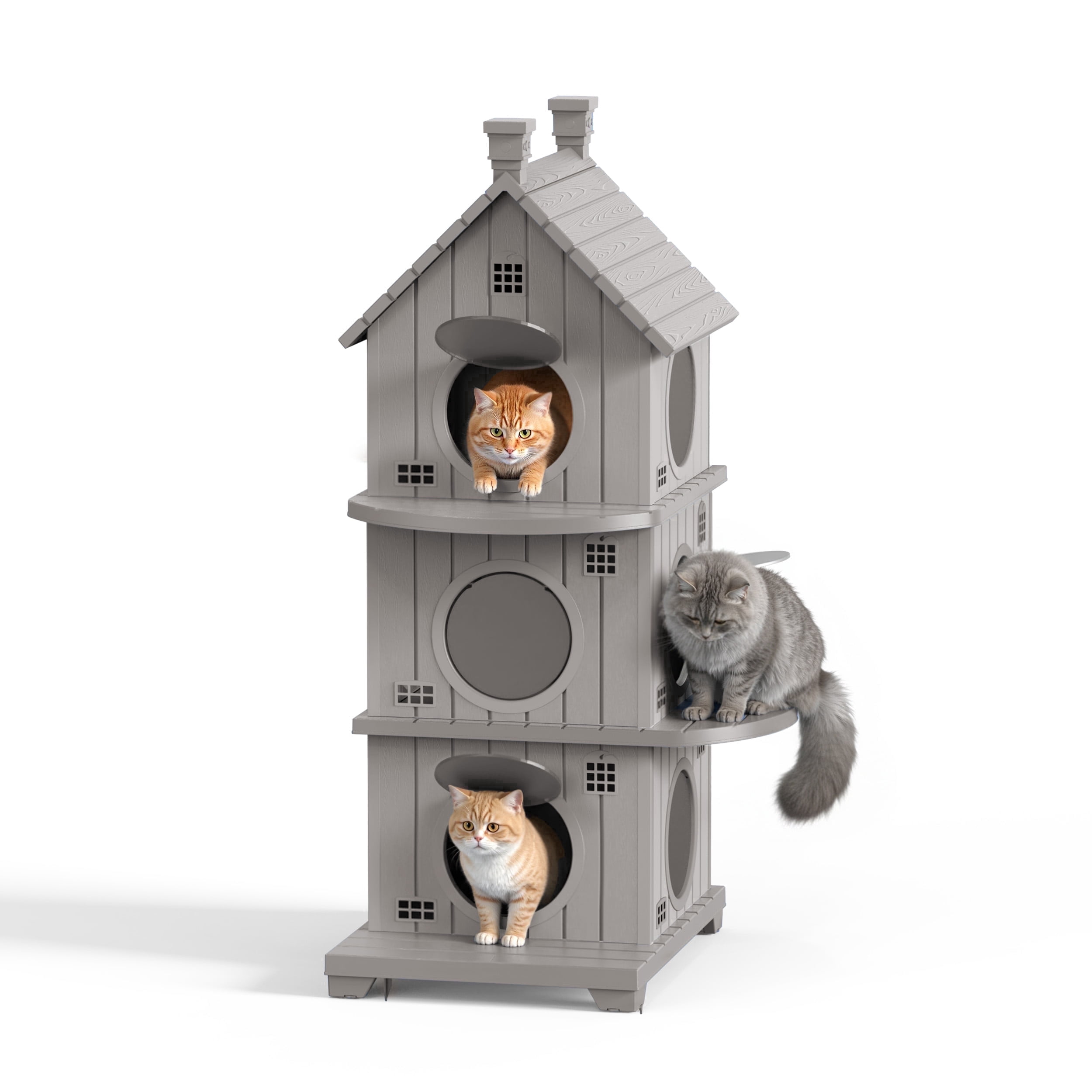 Fazzn Outdoor Cat House with Porch: Weatherproof Insulated Shelter for Cats, Kittens, and Puppies, Including Feral Cats. Features Multiple Entrances, an Elevated Base, and Easy Assembly.Blue/Brown