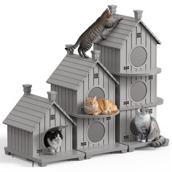 Fazzn Outdoor Cat House with Porch: Weatherproof Insulated Shelter for Cats, Kittens, and Puppies, Including Feral Cats. Features Multiple Entrances, an Elevated Base, and Easy Assembly.Blue/Brown