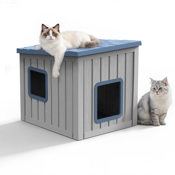 fazzn Outdoor Cat House,Waterproof Resin Cat Houses for Feral Cats,Robust and Easy to Assemble,Feral Cat Shelter for Winter,Suitable for Cats, Rabbits and Other Small Animals.Black/Blue,Father's Day