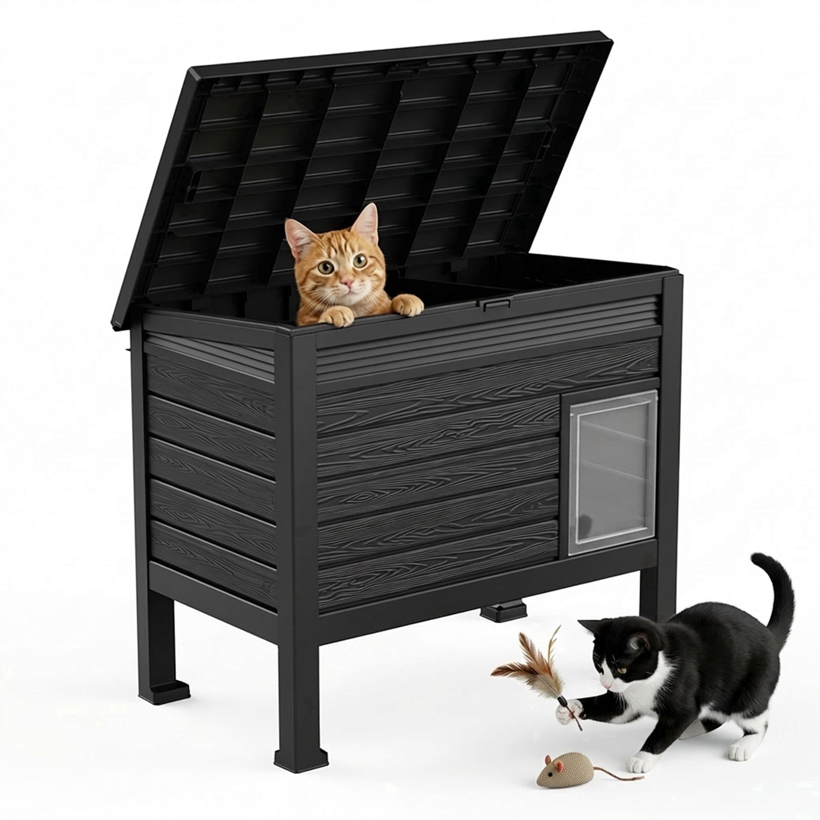 fazzn Outdoor Cat House X-Large: Weather Resistant, Raised Floor, Dual Waterproof Flaps, 50% Bigger, Dimensions 31" L x 26.7" H.Black,Father's Day Gift
