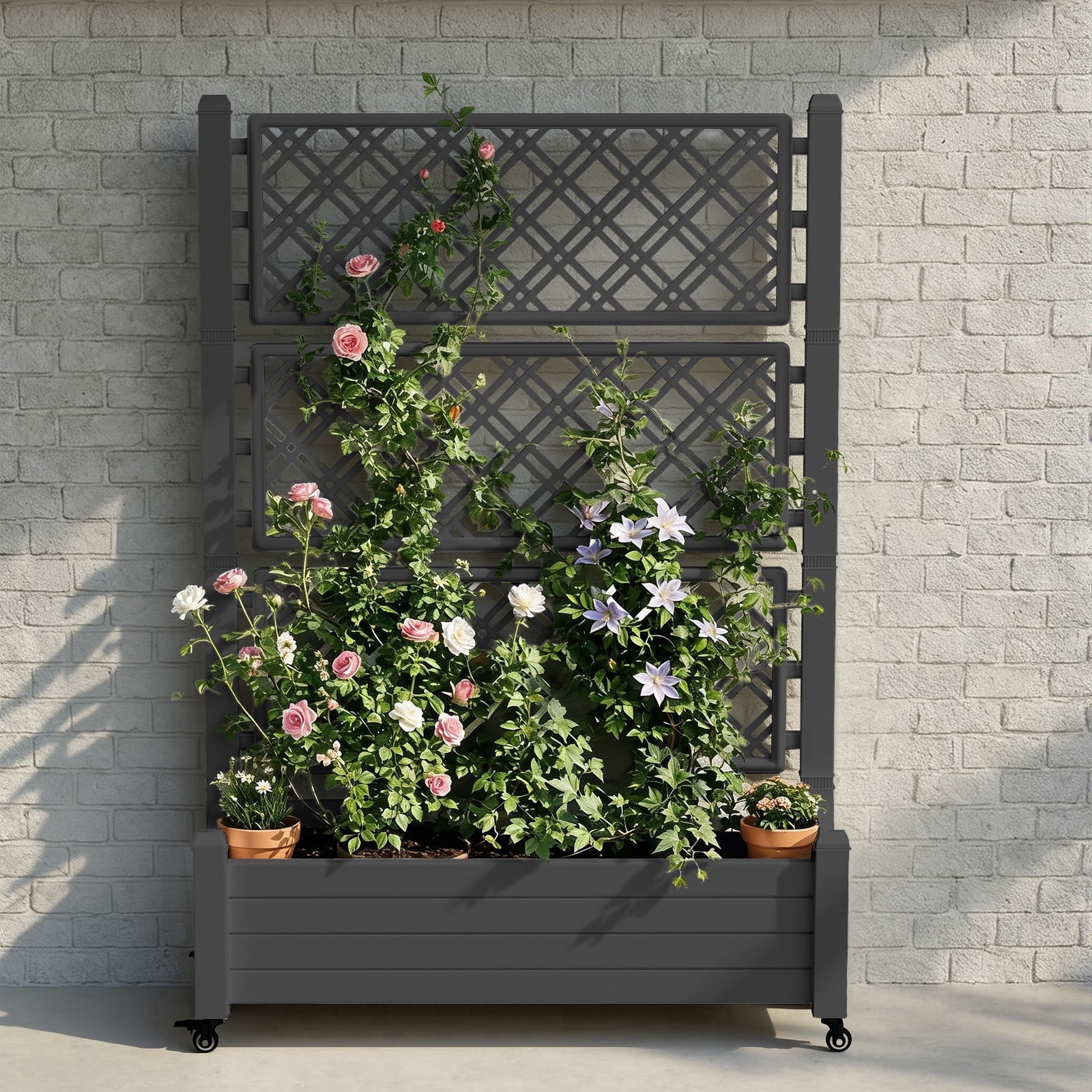 Fazzn Raised Garden Bed with Trellis, Large Outdoor Planter Trellis Box with Drainage Holes and Wheels for Climbing Plants.(Black）
