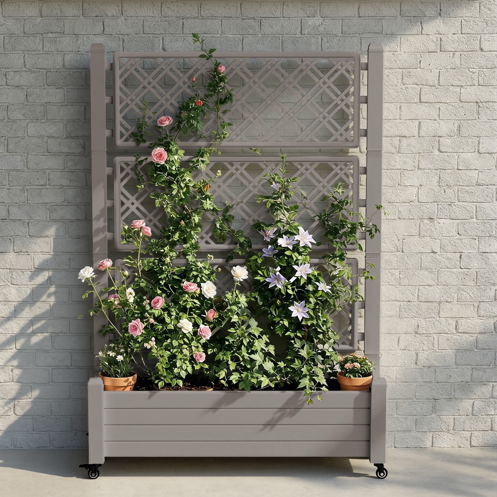 Fazzn Raised Garden Bed with Trellis, Large Outdoor Planter Trellis Box with Drainage Holes and Wheels for Climbing Plants.(Brown）