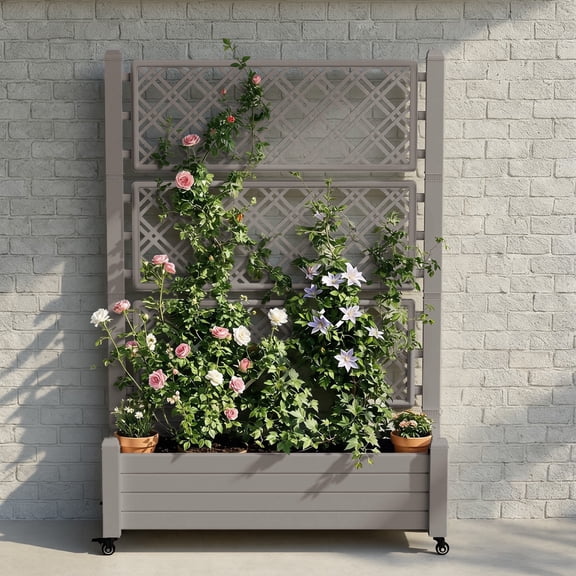 Fazzn Raised Garden Bed with Trellis, Large Outdoor Planter Trellis Box with Drainage Holes and Wheels for Climbing Plants.(Brown)