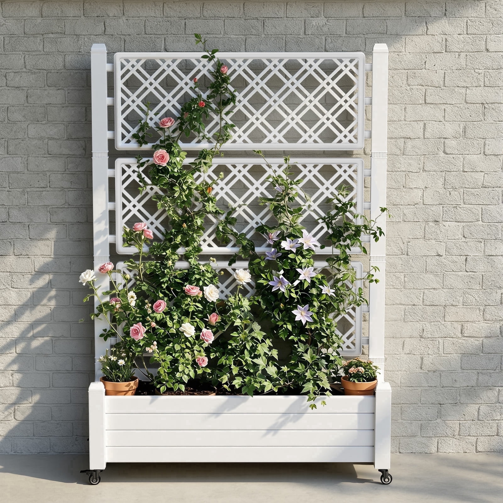 Fazzn Raised Garden Bed with Trellis, Large Outdoor Planter Trellis Box with Drainage Holes and Wheels for Climbing Plants.(Ashen）