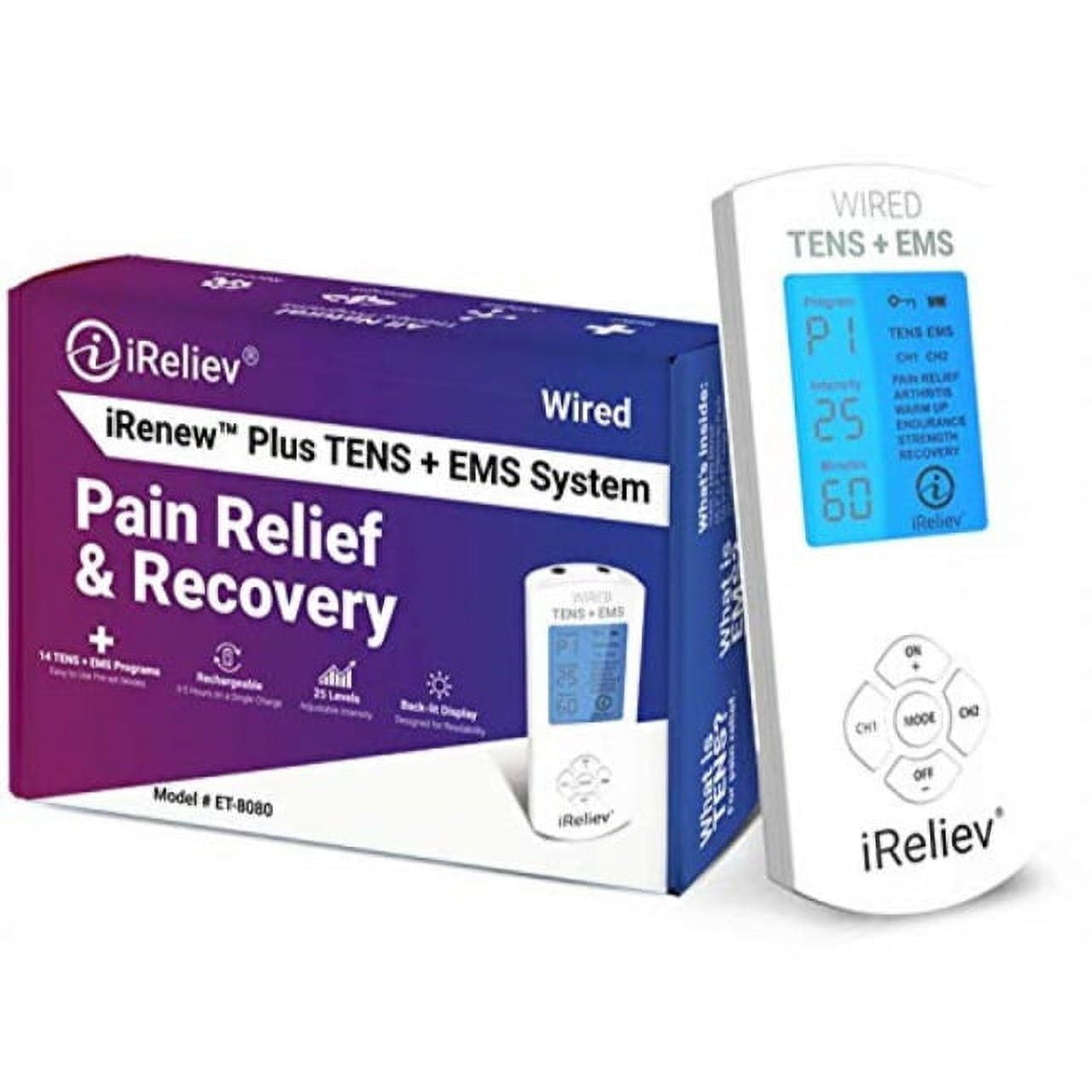 fda cleared ireliev tens unit + ems 14 therapy modes, premium pain relief  and recovery system, rechargeable, large back lit display, large and small  electrode pads 