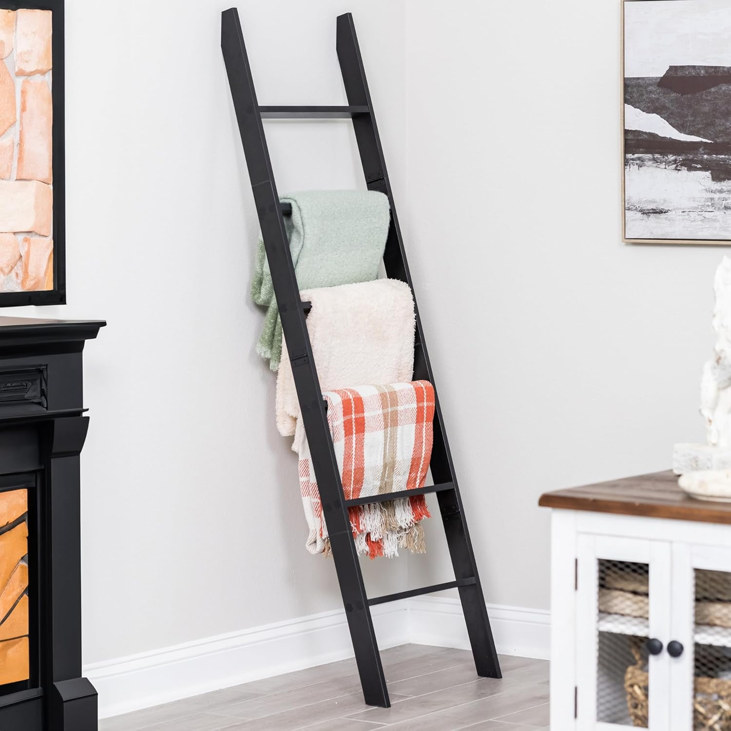 fdbtgysdb Blanket Ladder for Living Room and Bedroom 5ft 8 inch 6-Tier Wall Leaning Laminate Snag Free Construction (Black) Rustic Decorative Farmhouse Blanket Storage Quilt Rack Ladd