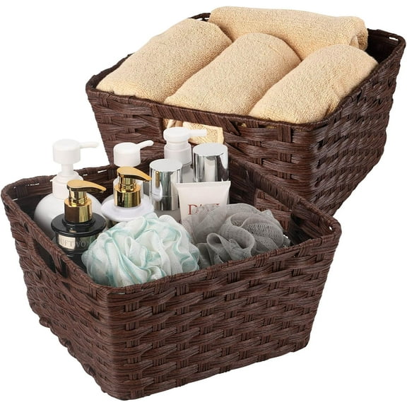 nltwyib Plastic Wicker Storage Baskets  Bathroom Baskets for Shelves  Toilet Paper Storage Baskets  Woven Storage Baskets for Organizing  Brown  12" x 12" x 6"  2-Pack