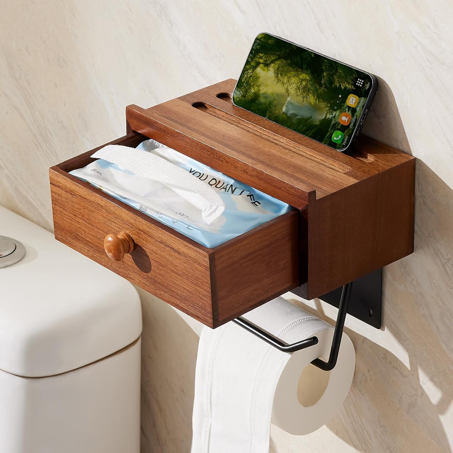 fdbtgysdb Wooden Toilet Paper Holder with Shelf，Wall Mount&Adhesive — free download