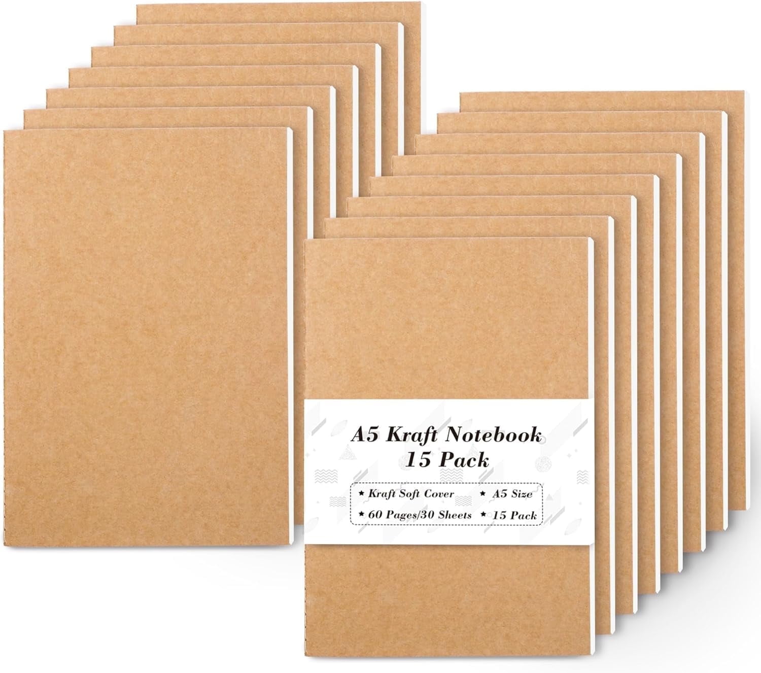 Feela 15 Pack A5 Kraft Notebooks, 60 Lined Blank Pages Travel Journal Bulk, Soft Cover Notebooks, Making Plans Writing Memo, 8.3 X 5.5 in