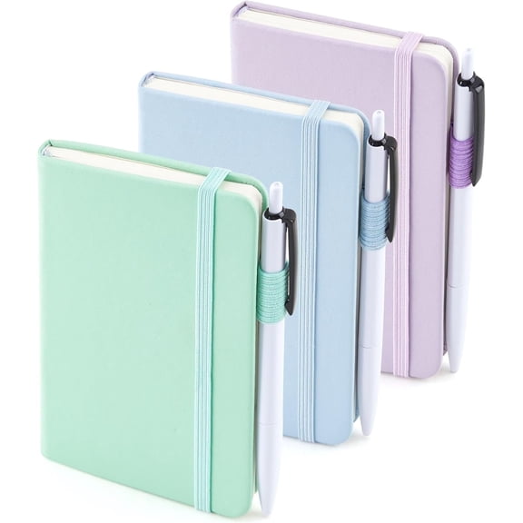feela 3 Pack Pocket Small Notebook Journals, Mini Cute Hardcover College Ruled Notepad Women Office Supplies, with 3 Black Pens, 3.5”x 5.5”, A6, Pastel Colors, Light Blue, Light Purple, Light Green