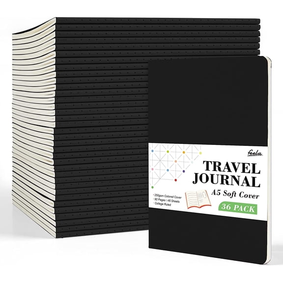 Feela 36 Pack Soft Cover Journal Bulk, Lined Blank Travel Journal for Women Men Writing, Notebooks College Ruled for Work, Note Taking Notebook Business Supplies, 8.2 x 5.5, A5, Black