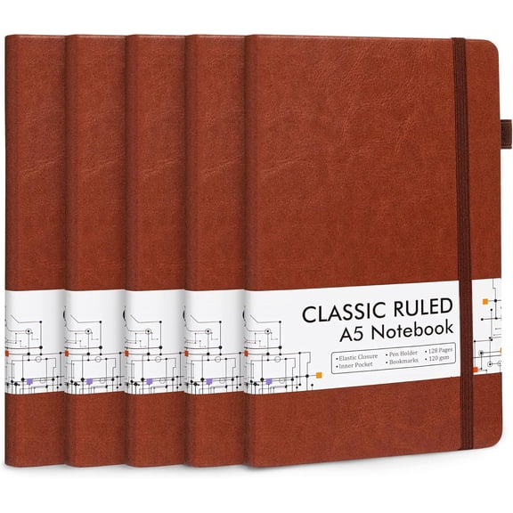 5 Pack Journal Notebook Bulk, Feela Hardcover Business Notebooks Classic Ruled Lined Journals with Pen Holder for Work Note Taking, with 5 Black Pens, 120 GSM, 5.1x8.3, A5, Brown