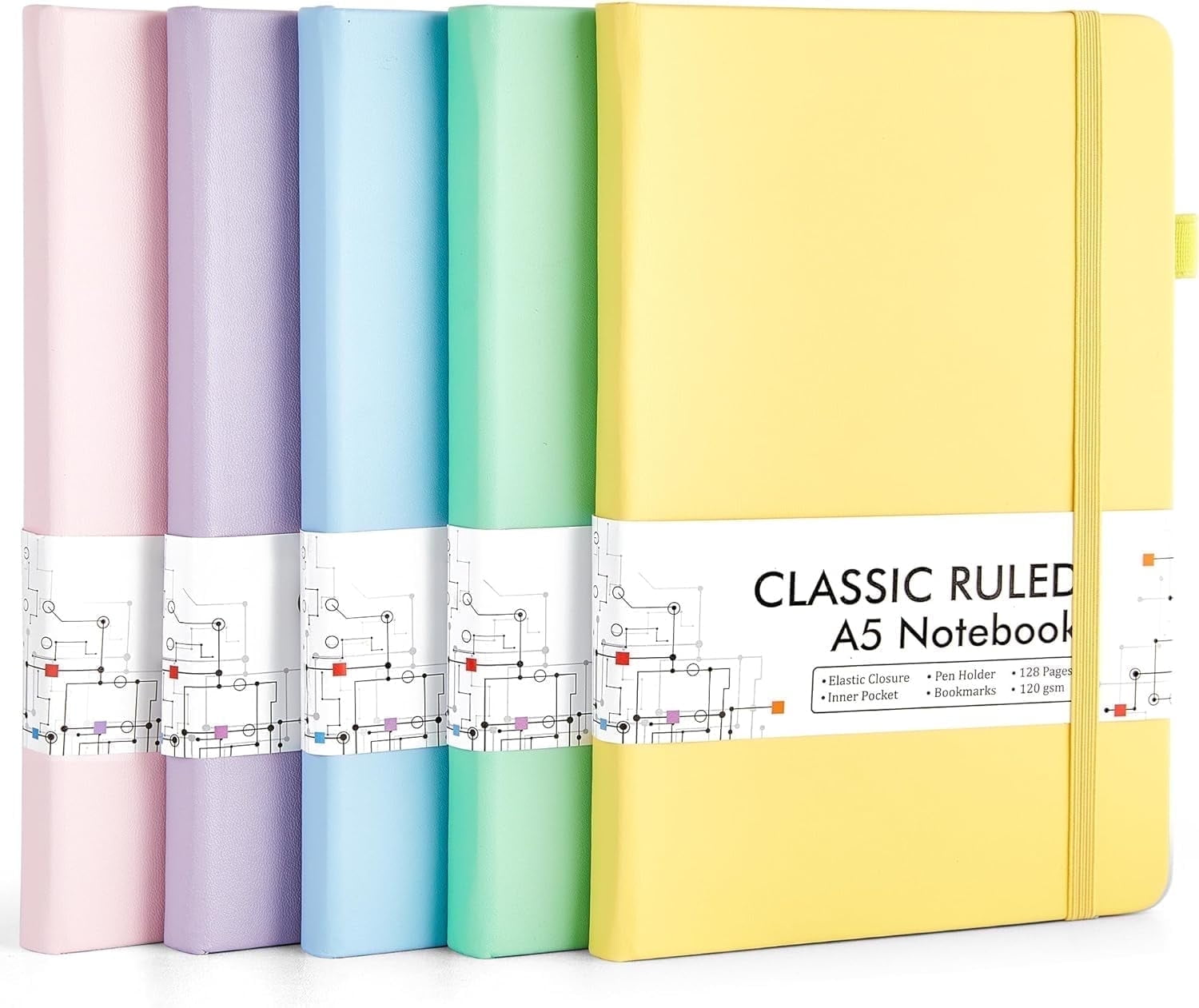 Feela 5 Pack Notebooks Journals Bulk, Hardcover Classic Ruled Lined Journals with Pen Holder for Business, with 5 Black Pens, 120 GSM, 5.1”x8.3”, A5, Pastel Colors