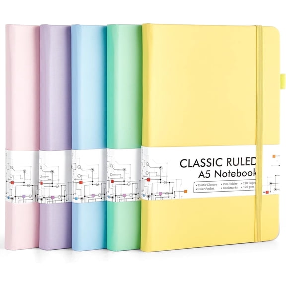 Feela 5 Pack Notebooks Journals Bulk, Hardcover Classic Ruled Lined Journals with Pen Holder for Business, with 5 Black Pens, 120 GSM, 5.1”x8.3”, A5, Pastel Colors
