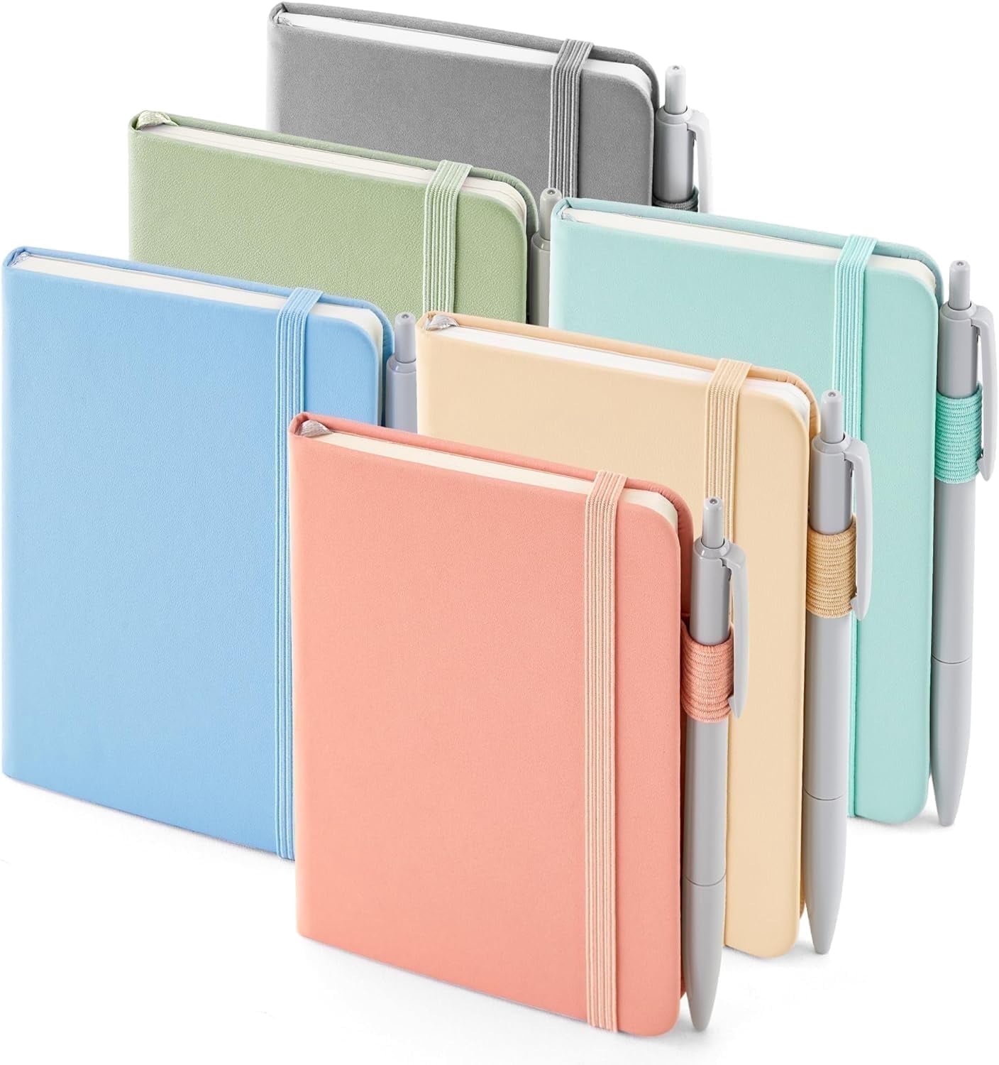 feela 6 Pack Pocket Small Notebooks Bulk, Mini Cute Memo Notepads Hardcover College Ruled Lined Journals with Pen Holder, with 6 Black Pens, 3.5”x 5.5”, A6, Mild Colors