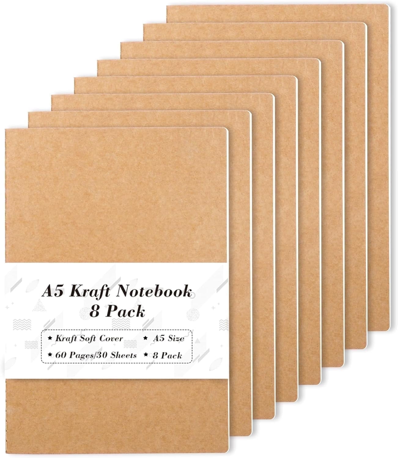 Feela 8 Pack A5 Kraft Notebooks, 60 Lined Blank Pages Travel Journal ...