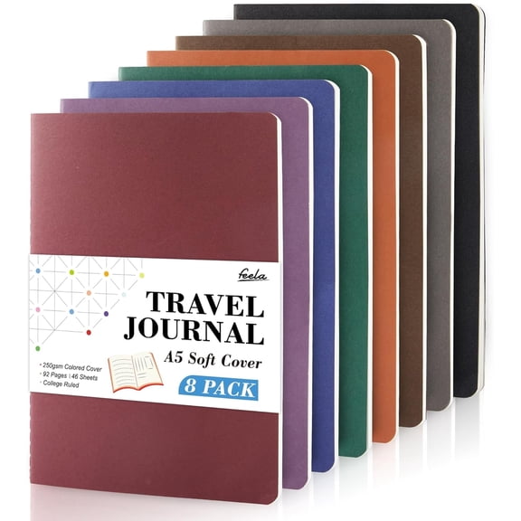 feela 8 Pack Soft Cover Journal Bulk, Notebooks College Ruled for Work, Lined Travel Journal for Students Women, Note Taking Notebook School Supplies Business Writing, 8.2” x 5.5”, A5, Vintage Colors