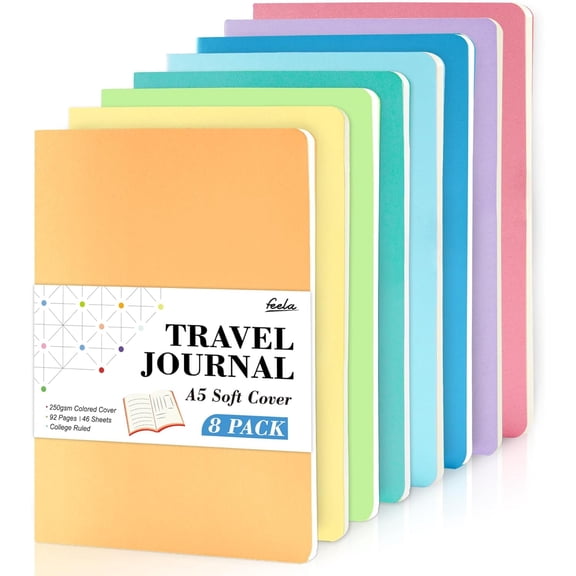 feela 8 Pack Soft Cover Journal Bulk, Notebooks College Ruled for Work, Lined Travel Journal for Women, Note Taking Notebook Business Writing, 8.2” x 5.5”, A5, Pastel Colors