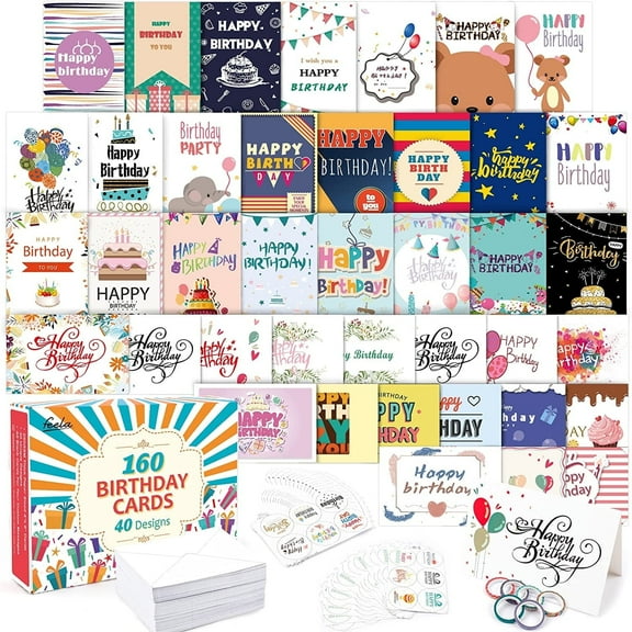 feela Birthday Cards Bulk, 160 Pack 40 Designs Happy Birthday Card Assortment Box with 160 Blank Envelopes 168 Pieces of Stickers 6 Washi Tapes, 4 X 6 Inches Greeting Cards