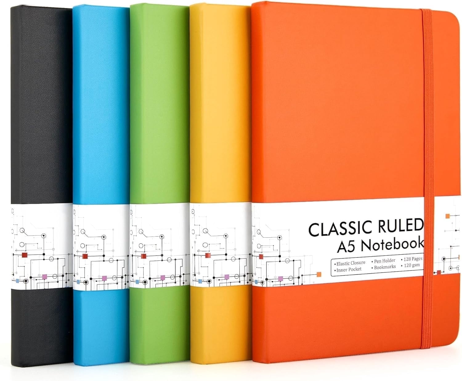 Feela Journal Notebook Bulk, Hardcover Business Classic Ruled Lined Journals with Pen Holder for Work Office Journaling, with 5 Black Pens, 120 GSM, 5.1”x8.3”, 5 Pack, A5, Solid Colors